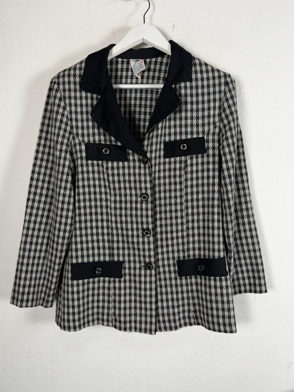 Vintage Warnaz Womens Black & White Plaid Blazer Jacket XL Button-Front Pockets